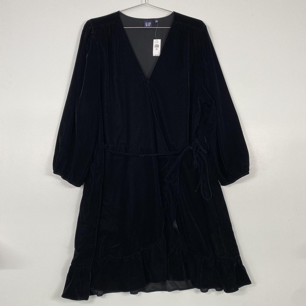NWT Gap Wrap Dress Womens 2XL Tall Black Velvet Long‎ Sleeve Belted Ruffle Hem
